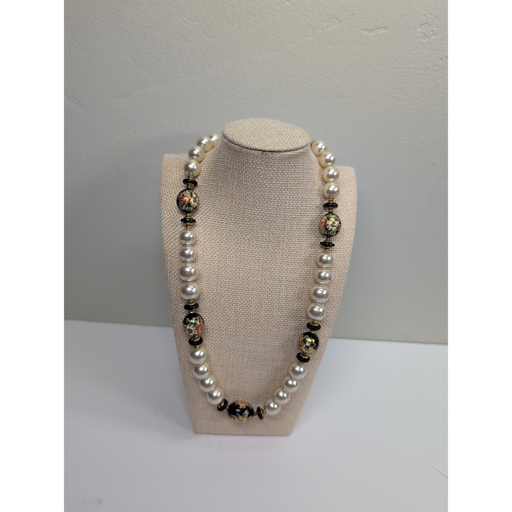 Vintage Estate Quality Faux Pearl & Painted Rose Bead Long Necklace 24"